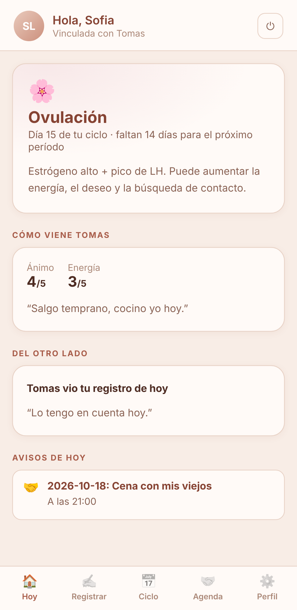 Pantalla de inicio de ella: fase del ciclo del día
